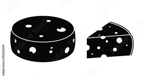 Black silhouette of swiss cheese wheel and wedge with holes silhouette