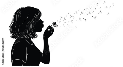 A silhouette of a girl blowing dandelion seeds into the air creating a whimsical scene