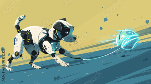 Robotic dog chases a glowing ball in a futuristic environment on a sunny day