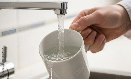 The foreground is dominated by a white ceramic mug, the hand holding it, and a chrome faucet from which water flows.
