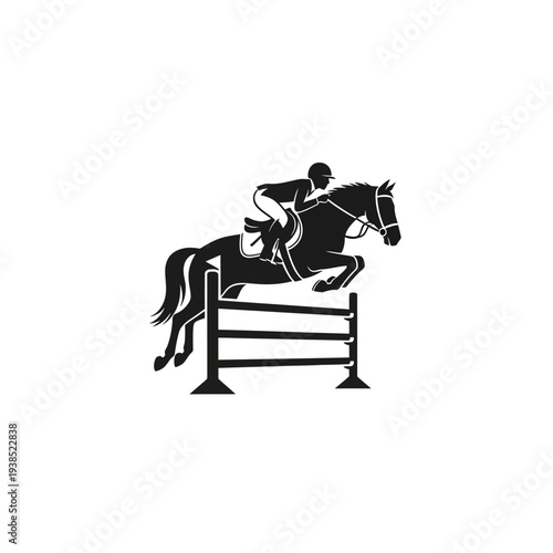 Black and white graphic of a horse and rider jumping over a hurdle.