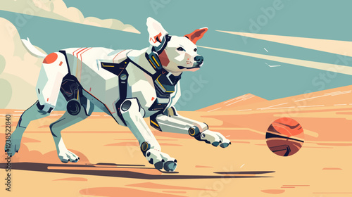 Robotic dog in a desert landscape playing with a ball against a blue sky