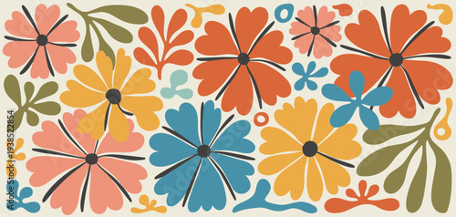 Abstract floral composition with bold shapes and vibrant colors on a cream background pattern illustration