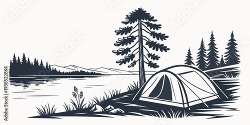 A serene campsite nestled in a forest with a tent and campfire Vector