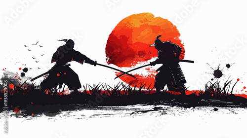 Samurai warriors engaged in a sword fight silhouetted against a red sun