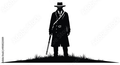 A stark silhouette of a man in a hat coat and carrying a rifle stands in tall grass
