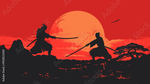 Samurai silhouette swords sunset digital art concept martial arts illustration