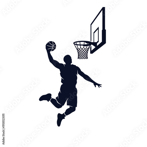 Silhouette of a basketball player dunking a ball into the hoop.