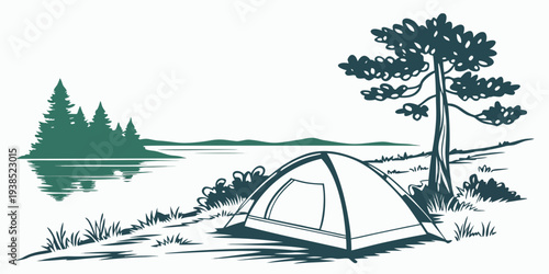 A serene campsite nestled in a lush forest by a tranquil lake under a clear blue sky Vector