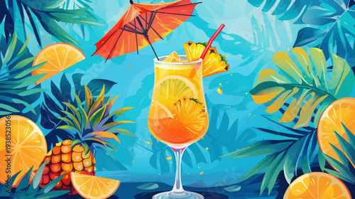 Vibrant cocktail with tropical fruit and umbrella art illustration