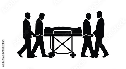 A group of four men in suits carry a closed casket on a wheeled stretcher