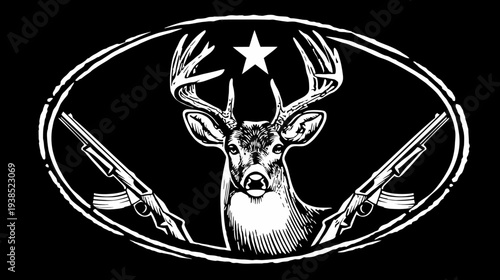 A black and white illustration of a deer with prominent antlers, surrounded by two rifles inside an oval