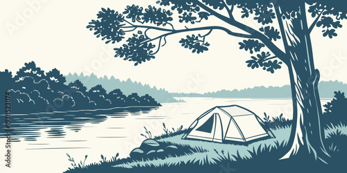 A serene landscape featuring a tree by a lake with a distant mountain range Vector