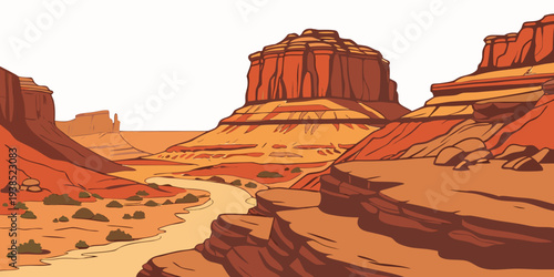 Majestic red rock formations rise dramatically from the desert floor Vector