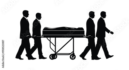A group of men in suits carry a coffin on a stretcher representing a funeral procession