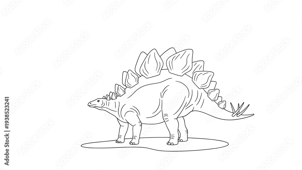 Fototapeta premium Classic black and white line drawing of a stegosaurus dinosaur showing its distinctive dorsal plates and spiked tail.