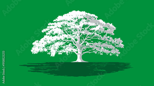 A stylized tree with white foliage stands against a bright green background, casting a dark shadow