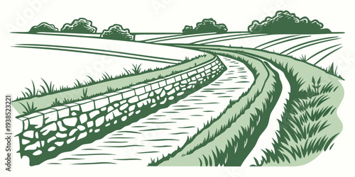 A serene countryside landscape with winding roads and lush green fields Vector