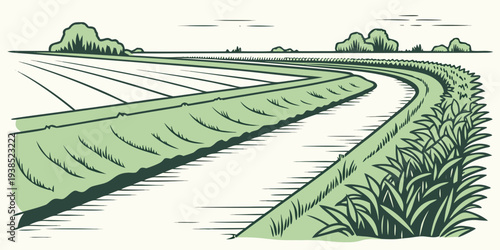 A serene landscape of rolling hills and lush green fields under a clear blue sky Vector