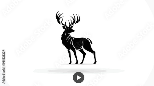 A stylized black deer silhouette with large antlers, standing on a white background with a shadow
