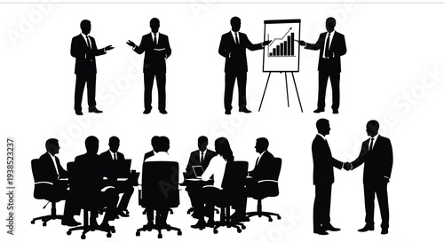 Silhouettes of business people presenting meeting and shaking hands in a professional setting high quality detailed
