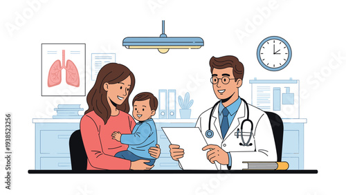 Professional pediatrician consulting with a mother and her baby in a clean medical office during a routine checkup.