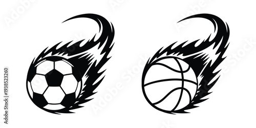 Flaming Soccer Ball and Basketball Vector Logo Set, Fire Sports Emblem Illustration Isolated on White