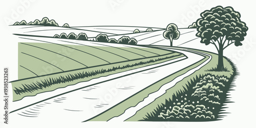 A serene countryside scene with a winding road leading to a distant farmhouse Vector