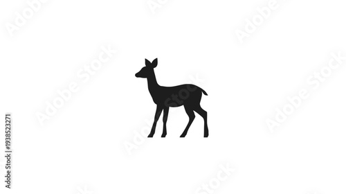 A minimalist silhouette of a deer with a slender body standing on four legs. White background
