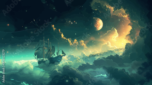 Fantasy artwork of a sailing ship floating among clouds and celestial bodies