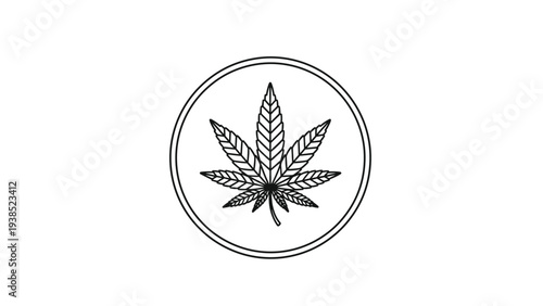 Minimalist black and white line art symbol featuring a single cannabis leaf inside a simple circular frame.