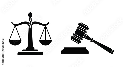 A black silhouette illustration featuring a scales of justice and a gavel on a base