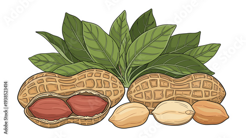 Detailed illustrations of peanuts in their shells and individual kernels accompanied by fresh green leaves.