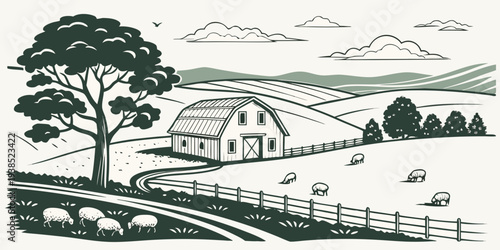 A serene countryside landscape with rolling hills and a small village nestled among trees. Vector