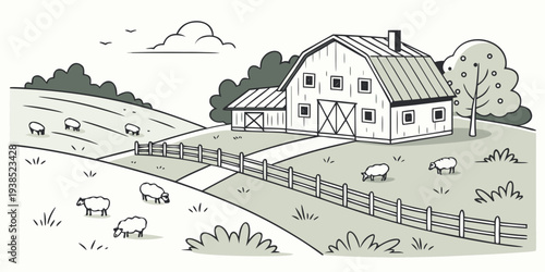 A picturesque countryside scene with a farmhouse and rolling hills under a clear sky Vector