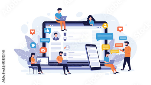 Digital community interacting with social media profiles and online content using laptops and mobile smartphones.