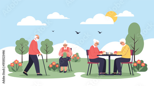 Happy senior citizens enjoying various leisure activities in a peaceful park setting including walking and playing chess.
