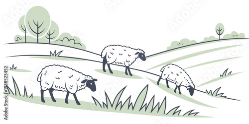 A diverse group of animals traversing a lush, green landscape with rolling hills. Vector