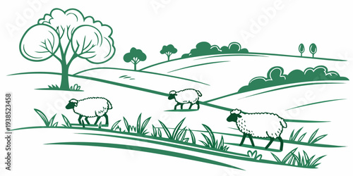 A serene countryside landscape with trees, animals, and a river Vector