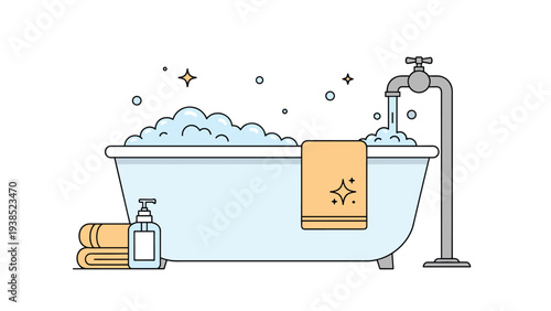Clean and inviting bathtub filled with fluffy soap bubbles and accompanied by fresh towels and liquid soap.