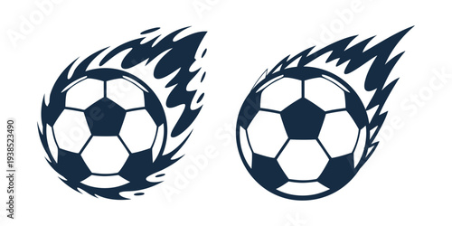 Flaming Soccer Ball Vector Icon Set, Fire Football Logo Silhouette Isolated on White Background