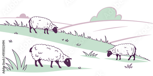 A serene countryside scene featuring various animals grazing on lush green hills. Vector