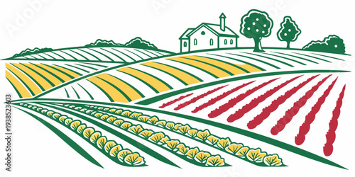 A vibrant and colorful illustration of a farm with various crops and a farmhouse Vector