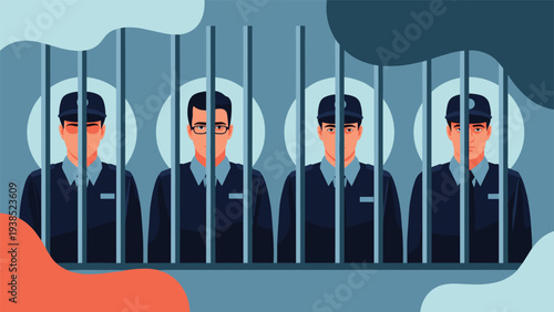 Group of four police officers in uniform standing behind vertical bars against an abstract blue background.