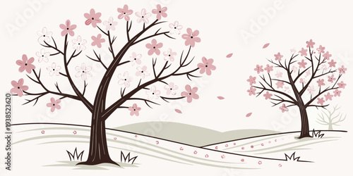 Two trees with pink blossoms standing on a hillside under a clear sky. Vector