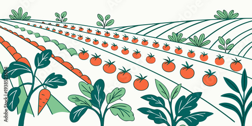 A vibrant illustration of a garden with various flowers and vegetables Vector