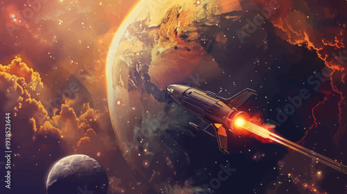 Cosmic voyage spaceship explores earth and distant planets in space