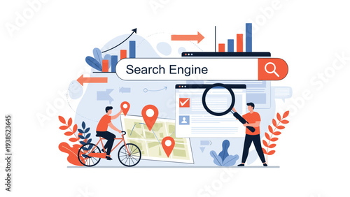 Search engine optimization concept where users use digital maps and search tools to find local business information.