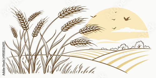 A serene landscape of tall grass swaying gently in the breeze under a clear blue sky. Vector