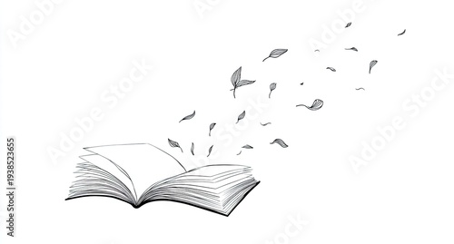 Sketchy open book with pages blowing away like leaves, against a stark white backdrop